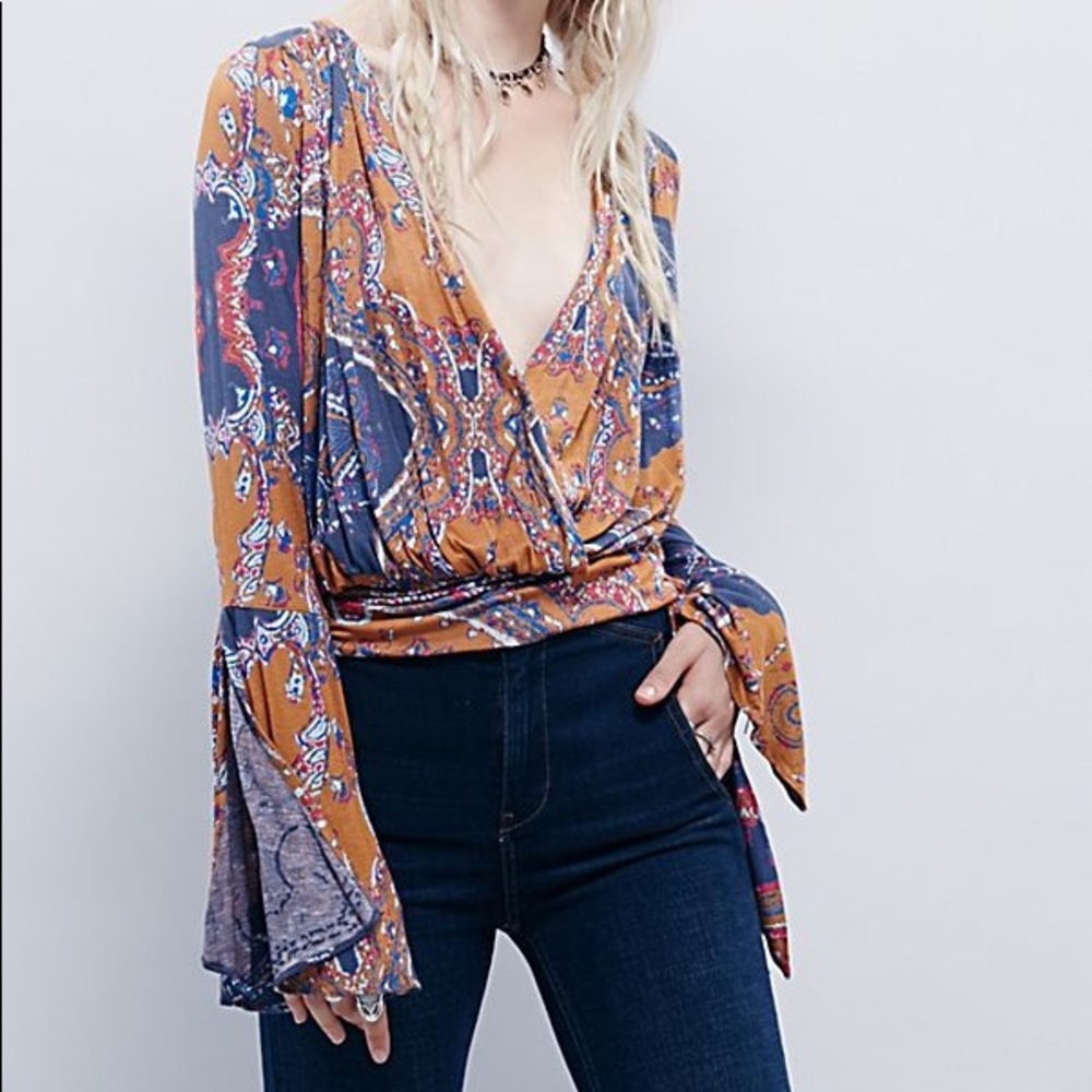 Free People Paisley Bell Sleeve Top